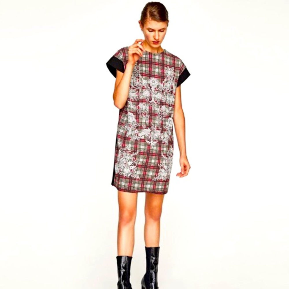 Zara Plaid Embroidered Shift Dress | Size: M  Color: Red & Black